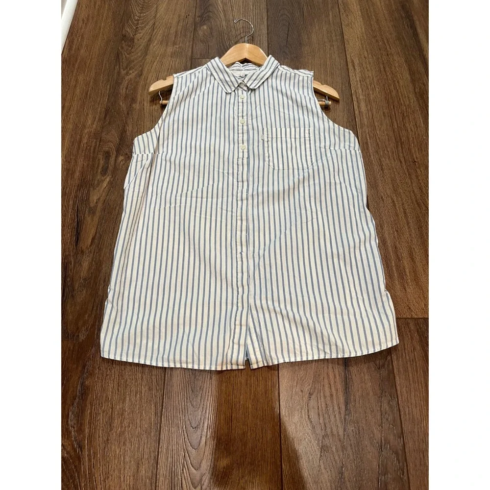 Levis Womens Blue White Striped Sleeveless Button Down Shirt Large